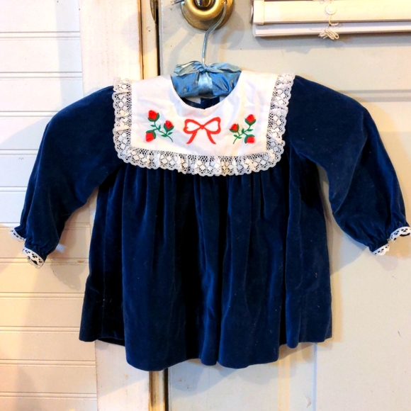 Baby Togs Dresses Vintage Baby Togs Navy Blue Velvet With White
